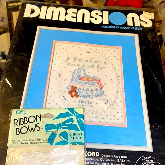 Dimensions Other - Vintage new but open DIMENSION Counted cross stitch hearts and lace birth record